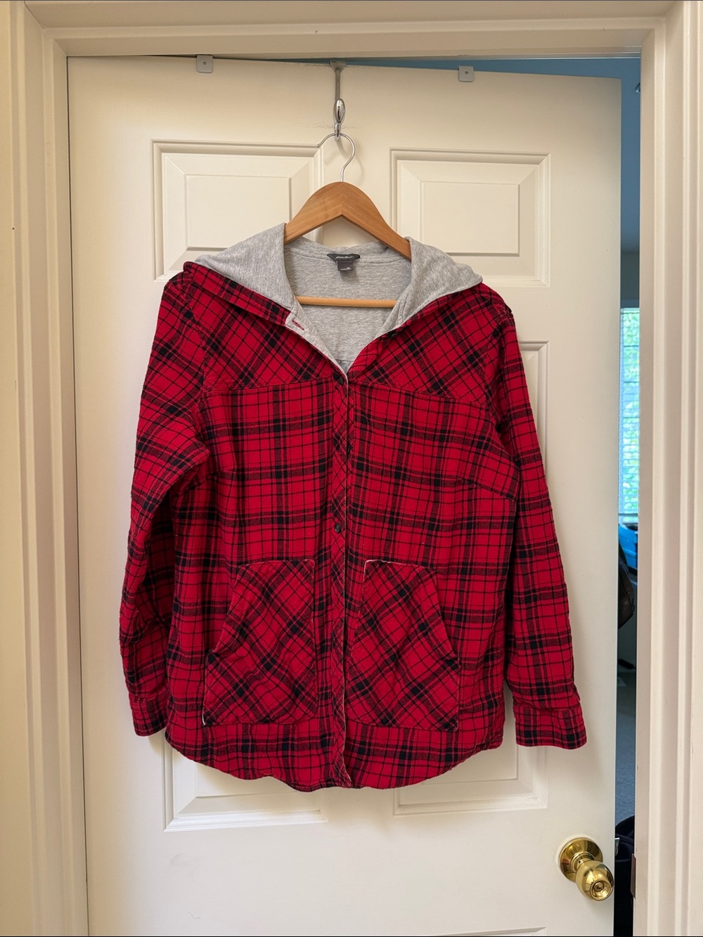 Eddie Bauer 100% Cotton Red/Black Flannel Hooded Shacket jacket -XLarge
